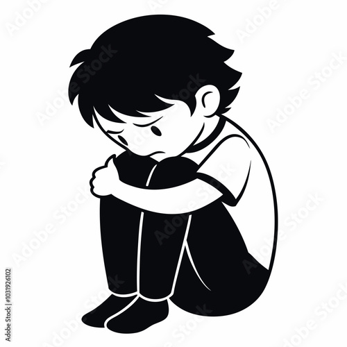 A sad boy hugging his knee and crying vector illustration