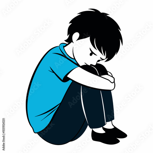 A sad boy hugging his knee and crying vector illustration