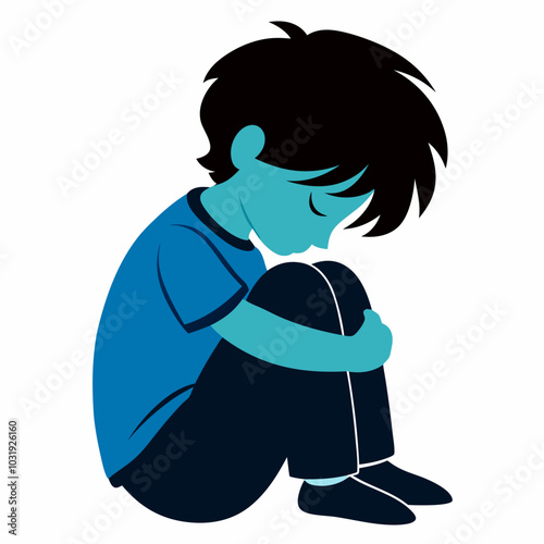 A sad boy hugging his knee and crying vector illustration