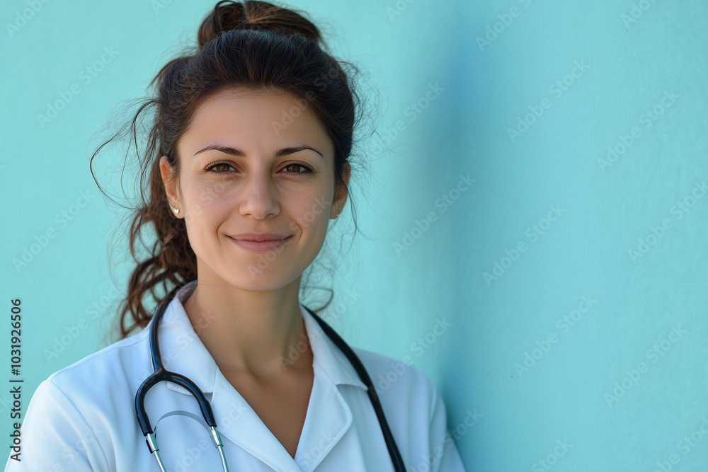 A woman in a white coat is smiling and posing for a picture A woman in a white coat is smiling and posing for a picture