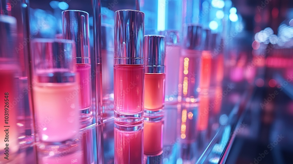 Futuristic Elegance Sleek Metallic Makeup Display Reflecting HighEnd Cosmetics Bold Lighting Showcasing Liquid Foundations Glowing Highlighters Futuristic Elegance Sleek Metallic Makeup Display Reflecting HighEnd Cosmetics Bold Lighting Showcasing Liquid Foundations Glowing Highlighters