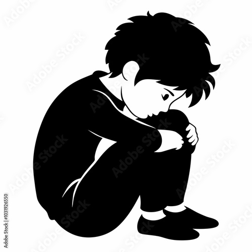 A sad boy hugging his knee and crying vector illustration