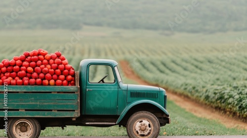 Vintage truck loaded with fresh apples in a scenic orchard photo