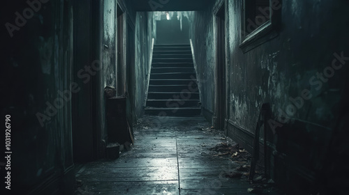 A dark hallway with a staircase leading up to a room