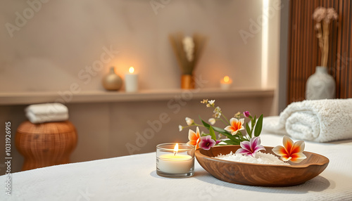 Natural relaxing spa composition on massage table in wellness center with towels, flowers and salt, candle on massage table in spa salon isolated with white highlights, png