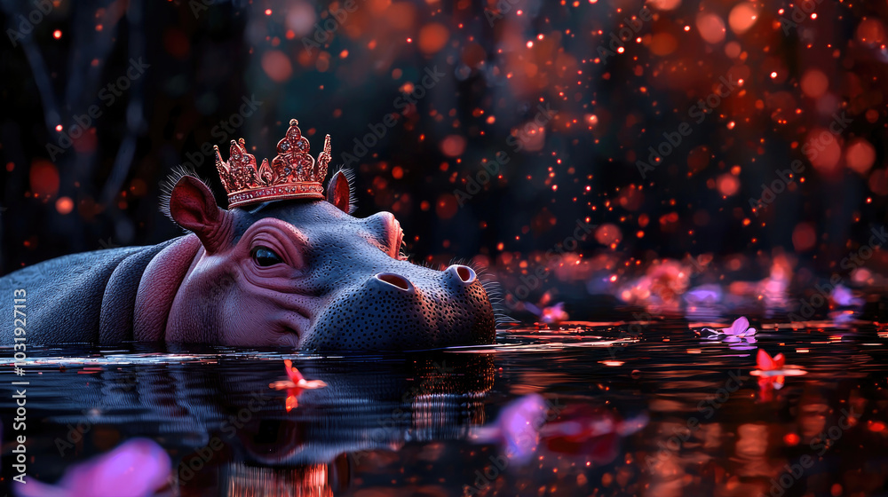 A whimsical hippo wearing a crown floats among colorful petals in a serene, sparkling water setting. A whimsical hippo wearing a crown floats among colorful petals in a serene, sparkling water setting.