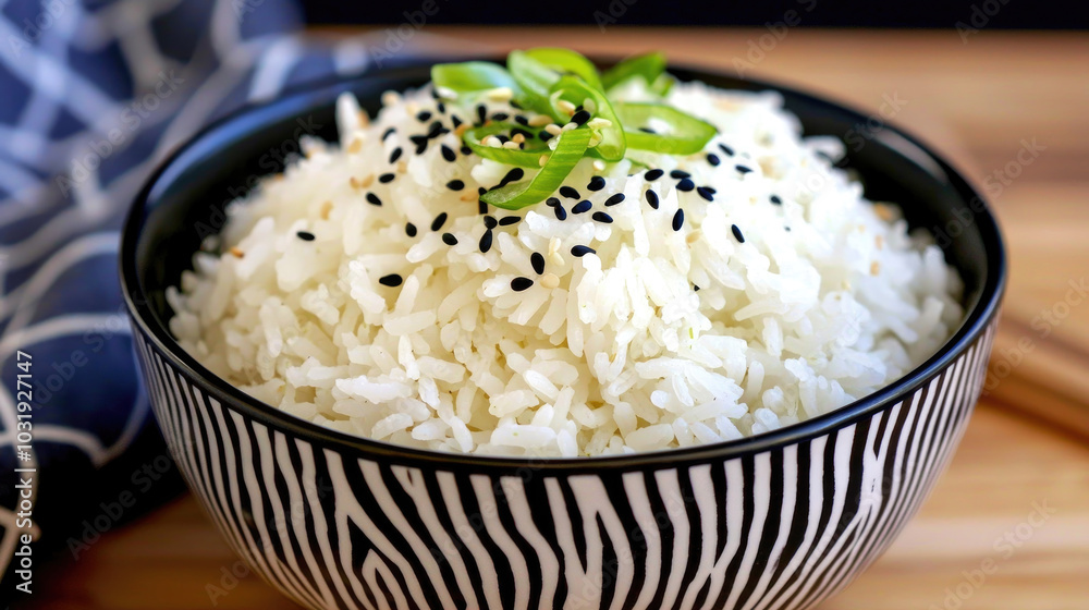 A bowl of fluffy white rice garnished with green onions and sesame seeds, served on a wooden surface with a patterned napkin. A bowl of fluffy white rice garnished with green onions and sesame seeds, served on a wooden surface with a patterned napkin.
