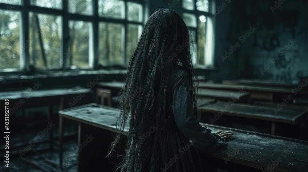 Naklejka premium A chilling child ghost with long, dark hair, drifting between the rows of old wooden desks in a haunted classroom, the windows cracked and the air filled with eerie whispers.