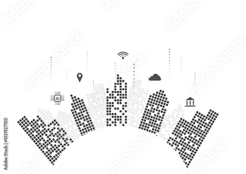 Smart city concept. The black building with icons of technology on a white background. Metaverse and futuristic city and innovation.