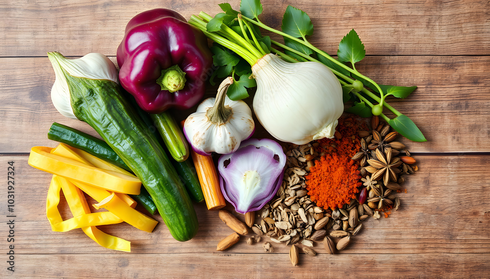 Different fresh peeled vegetables and dried spices on rustic table isolated with white highlights, png Different fresh peeled vegetables and dried spices on rustic table isolated with white highlights, png