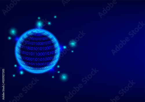 The glowing and neon light circle or globe of binary code numbers with thunder on a dark blue background. Metaverse and futuristic and innovation communication and cyber crime.