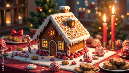 Beautiful gingerbread house decorated for Christmas surrounded by sweets and festive lights