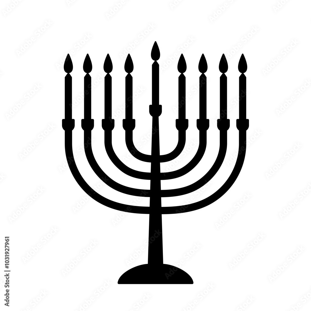 Menorah or hanukkiah icon, black silhouette isolated on white. Nine-branched candleholder with candles in stencil style. Vector clipart or png for minimal Hanukkah design and print, minimalist logo. Menorah or hanukkiah icon, black silhouette isolated on white. Nine-branched candleholder with candles in stencil style. Vector clipart or png for minimal Hanukkah design and print, minimalist logo.