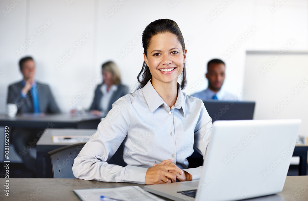 Business woman, portrait and laptop in office for research, communication and networking clients. Employee, happy and tech for project management, corporate development and sustainability integration Business woman, portrait and laptop in office for research, communication and networking clients. Employee, happy and tech for project management, corporate development and sustainability integration