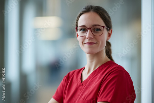 A woman wearing a red scrubs and glasses is smiling