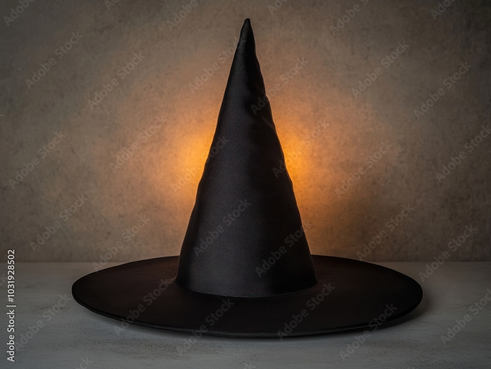 Fototapeta premium A mysterious black witch hat set against a textured background, perfect for Halloween or themed event decor.