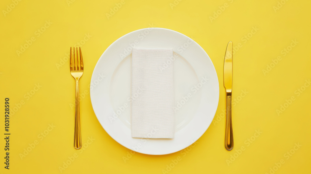 Minimalist served white plate with golden fork and knife, copy space, yellow background. Generative AI Minimalist served white plate with golden fork and knife, copy space, yellow background. Generative AI