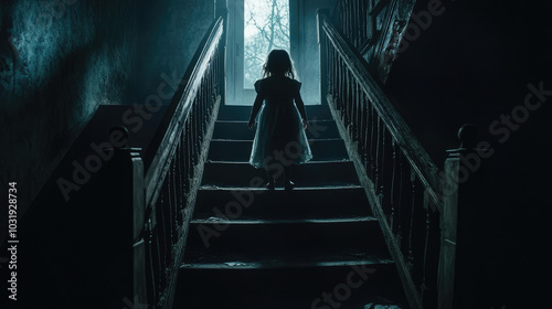 A frightening ghostly child with pale skin and a vacant stare stands ominously at the top of a dark staircase in an old haunted house.