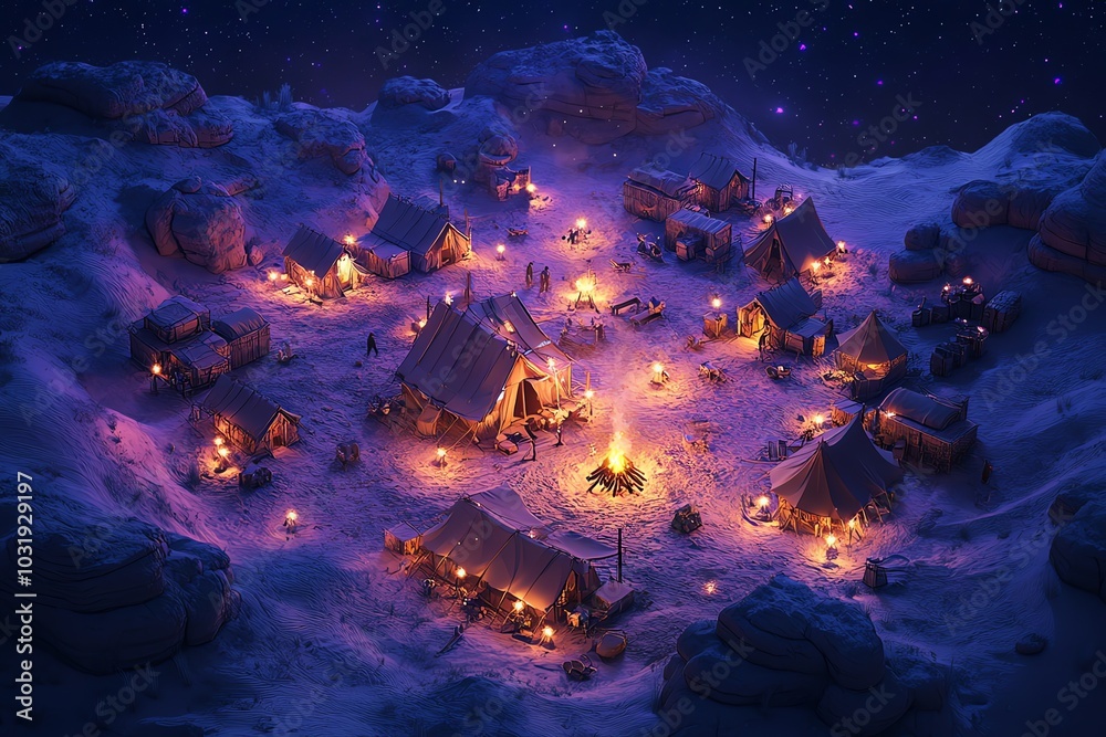 A small village of tents lit by firelight sits atop a snowy mountain under a starry sky. A small village of tents lit by firelight sits atop a snowy mountain under a starry sky.