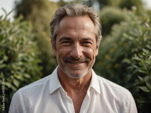 Happy middle aged businessman in white shirt standing in garden. AI Generative