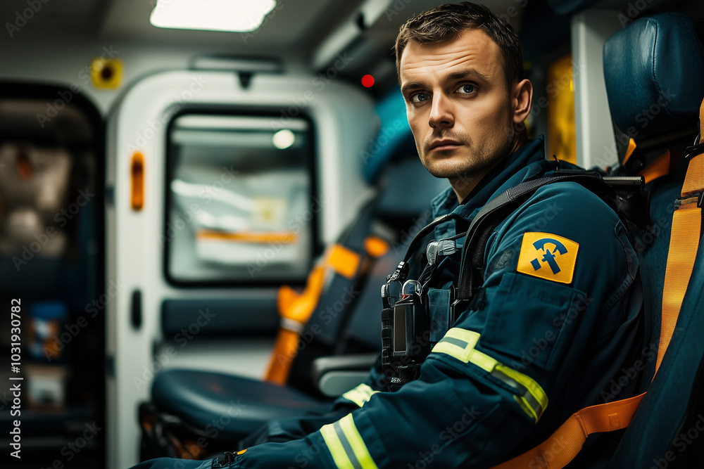 A man in a blue uniform sits in an ambulance A man in a blue uniform sits in an ambulance