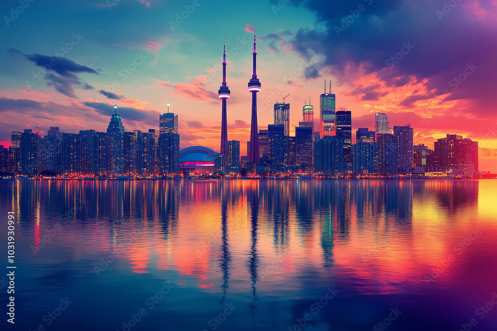 Obraz premium A city skyline is reflected in the water, with the sun setting in the background