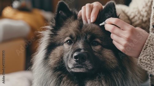 Veterinarian applying medication to a keeshond dog at home
