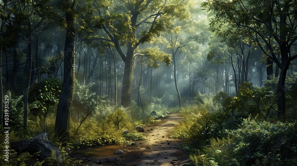 Obraz premium An isolated forest with a path.