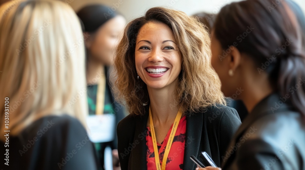 A group of professional women networking at a leadership summit, exchanging ideas and forming connections for career advancement A group of professional women networking at a leadership summit, exchanging ideas and forming connections for career advancement