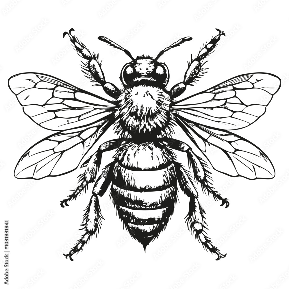 Obraz premium A black and white drawing of a bee with its wings spread out. The bee is the main focus of the image, and its wings are spread wide open, giving it a sense of freedom and movement