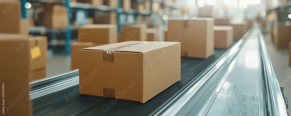 Conveyor belt transporting boxes in a modern warehouse, emphasizing automation and efficiency. Conveyor belt transporting boxes in a modern warehouse, emphasizing automation and efficiency.