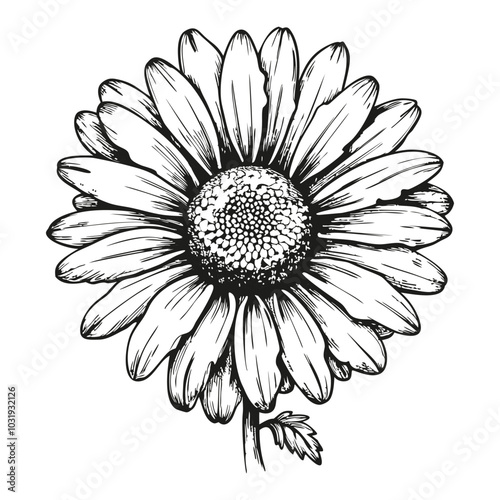 A black and white drawing of a daisy flower. The flower is large and has a yellow center. The petals are spread out and the stem is thin. The drawing has a simple and elegant feel to it