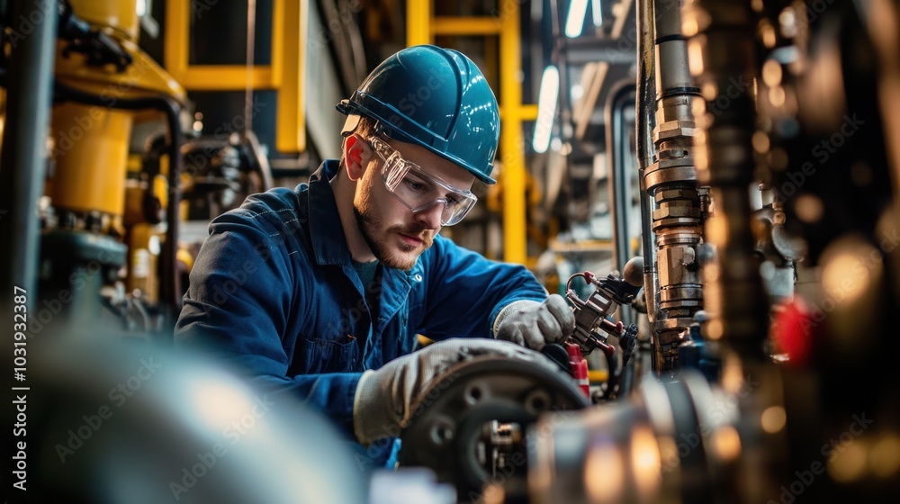 A hydraulic engineer performing a detailed safety check on industrial machinery, ensuring all systems are functioning properly and up to safety standards A hydraulic engineer performing a detailed safety check on industrial machinery, ensuring all systems are functioning properly and up to safety standards