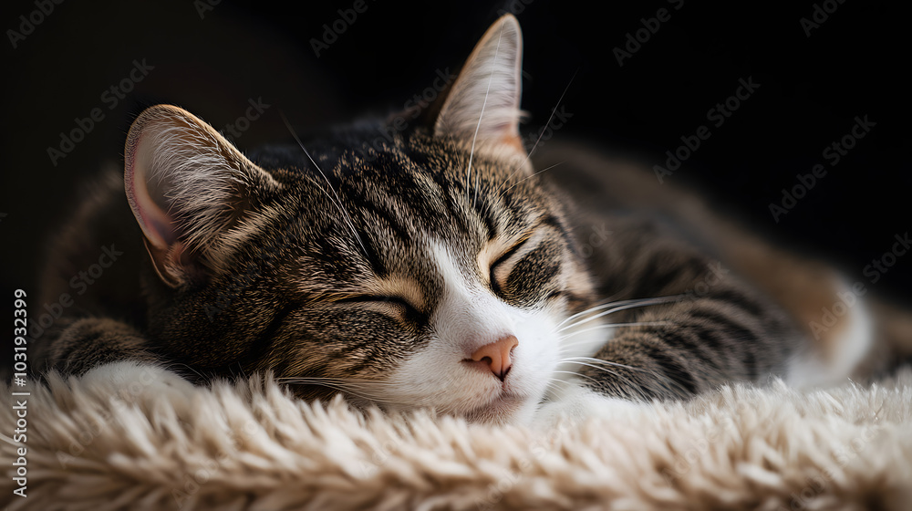 Cute Tabby Cat Sleeping on Fluffy Blanket Pet Domestic Animal Cozy Relaxing Cute Tabby Cat Sleeping on Fluffy Blanket Pet Domestic Animal Cozy Relaxing