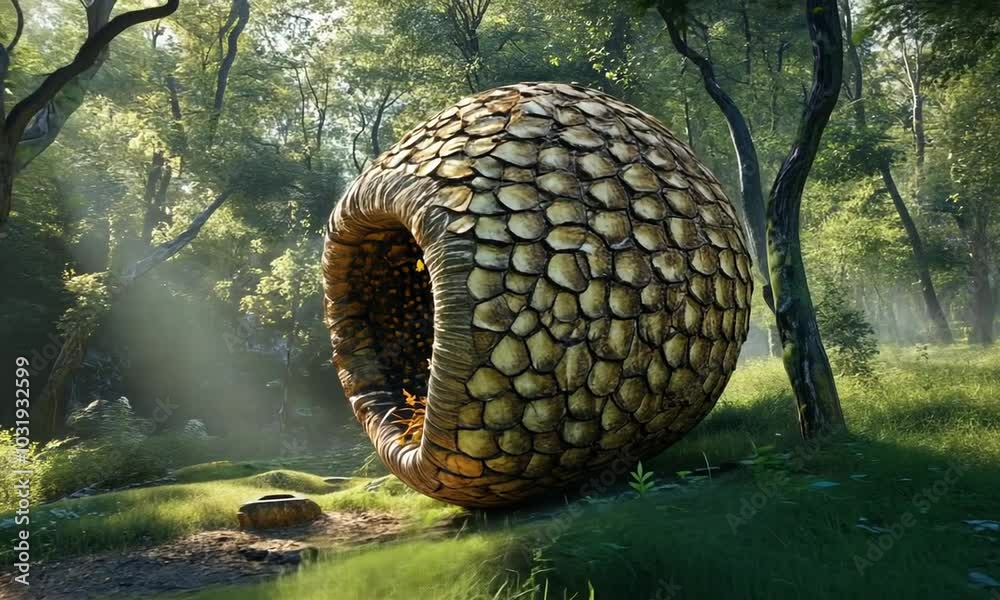 A large, spherical, woven structure rests on the forest floor. Its intricate pattern and the sunlight filtering through the trees create a mysterious atmosphere. A large, spherical, woven structure rests on the forest floor. Its intricate pattern and the sunlight filtering through the trees create a mysterious atmosphere.