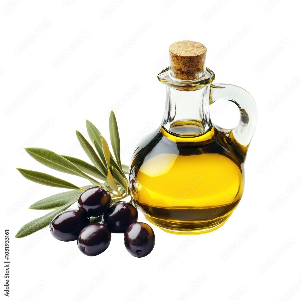 Olive oil bottle with fresh black olives and leaves on white background Olive oil bottle with fresh black olives and leaves on white background
