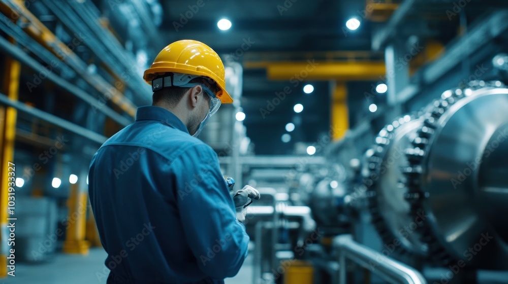 A machinery maintenance check being performed by engineers in a large industrial facility, ensuring ongoing safety and performance A machinery maintenance check being performed by engineers in a large industrial facility, ensuring ongoing safety and performance