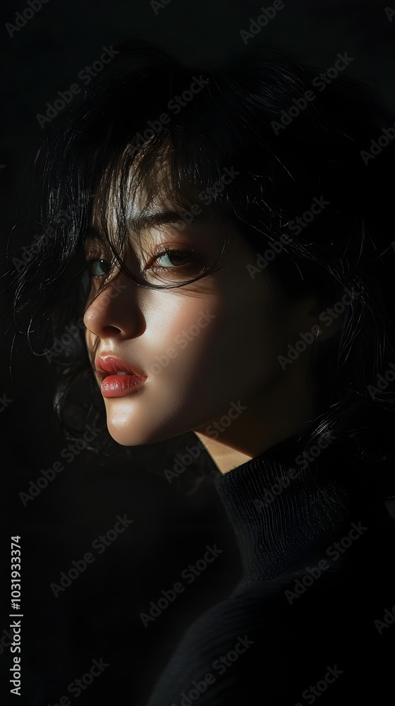 Moody Chiaroscuro Portrait with Dramatic Side Lighting of a Captivating Woman s Face Moody Chiaroscuro Portrait with Dramatic Side Lighting of a Captivating Woman s Face