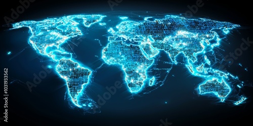 Digital world map with glowing blue neon outlines on a black background made of binary code and numbers, a concept for global network technology or connectivity. photo