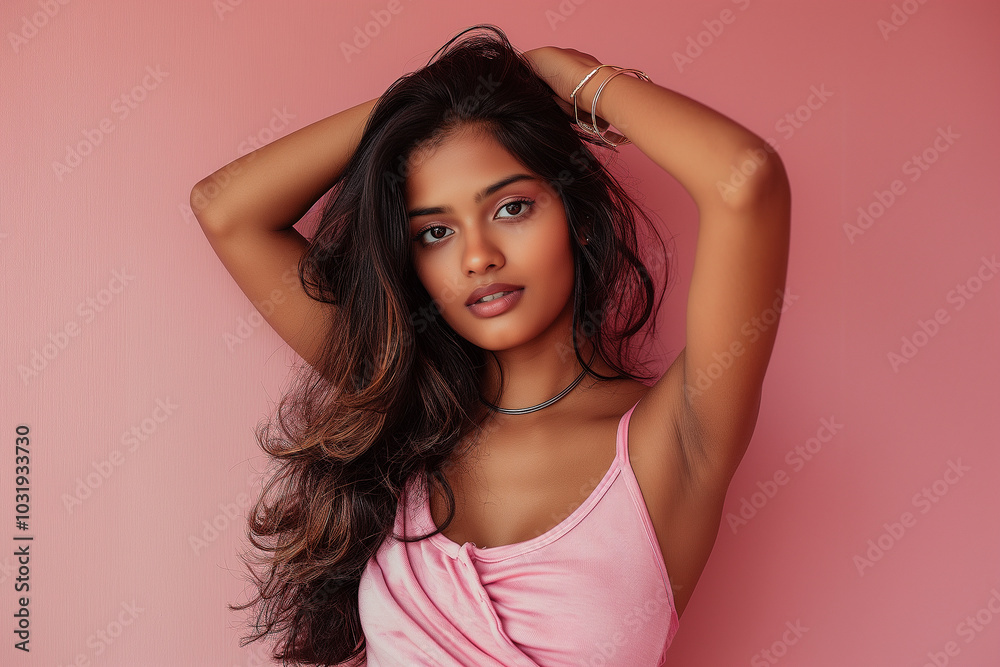 A woman with long hair is wearing a pink tank top and a necklace A woman with long hair is wearing a pink tank top and a necklace