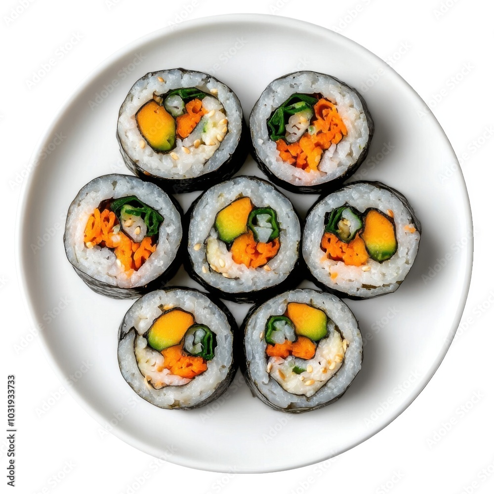 Fresh vegetable sushi rolls with cucumber and carrot neatly arranged on a white plate Fresh vegetable sushi rolls with cucumber and carrot neatly arranged on a white plate