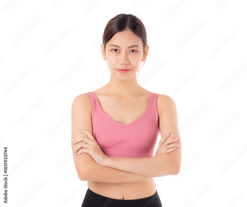 Portrait of beautiful young asian woman in sportswear smile and crossed arms isolated on white background, sport and exercise for health and weightloss, female and slimming with confident and wellness Portrait of beautiful young asian woman in sportswear smile and crossed arms isolated on white background, sport and exercise for health and weightloss, female and slimming with confident and wellness