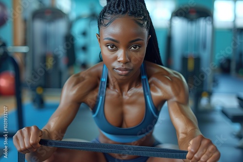 A focused athlete performing resistance training in a gym setting.