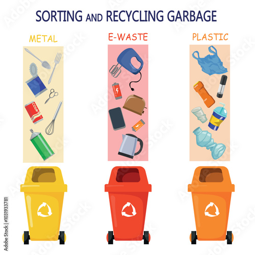 
illustration of waste sorting and recycling.  sorting of plastic, metal, electronic waste. design concept, banner