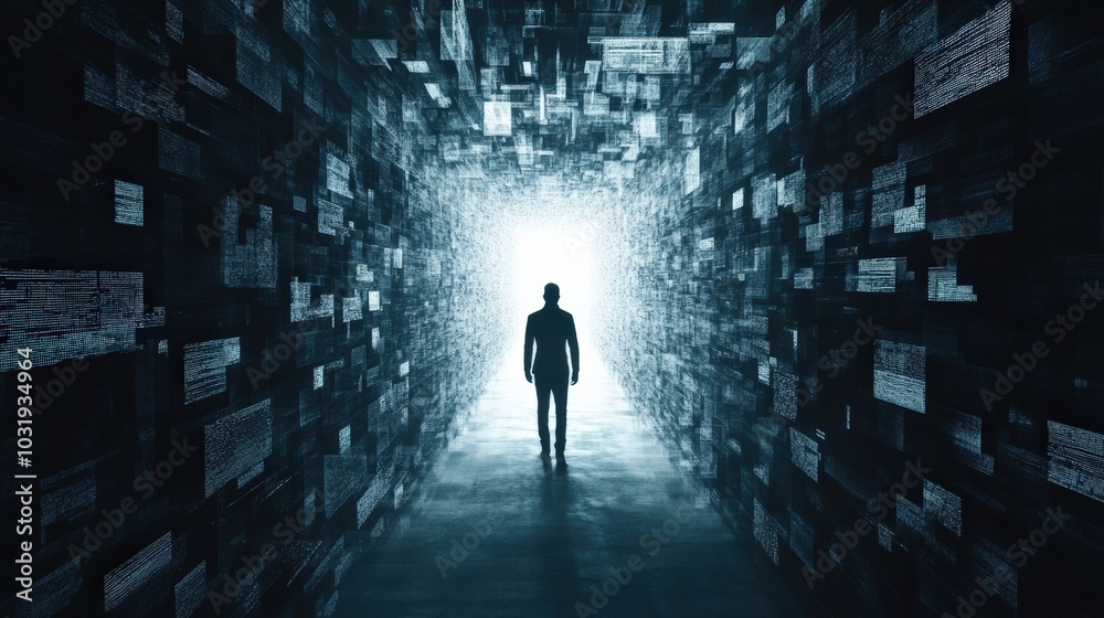 Silhouette of a Man Walking Through a Maze of Digital Code, Towards a Bright Light at the End of the Tunnel Silhouette of a Man Walking Through a Maze of Digital Code, Towards a Bright Light at the End of the Tunnel