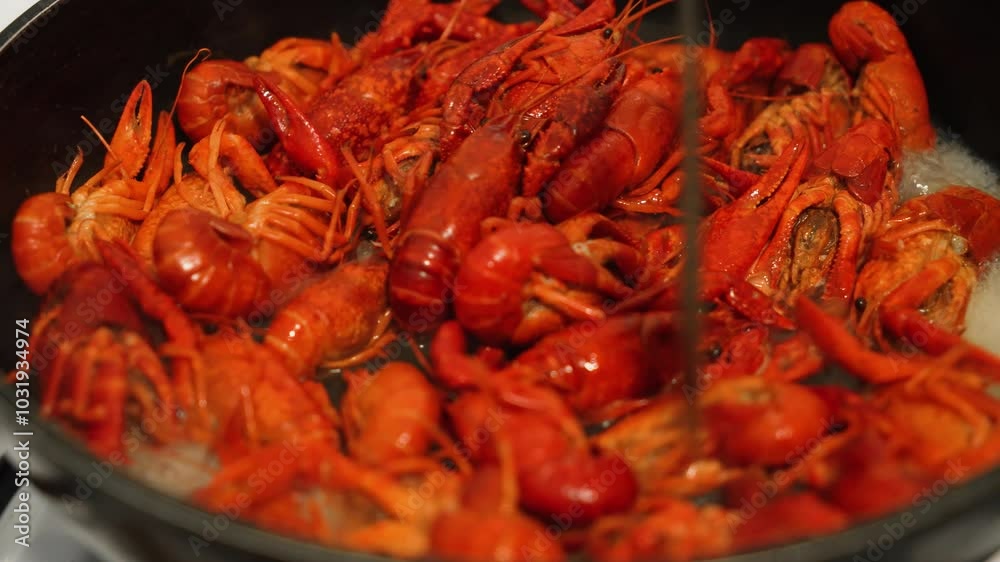Delicious Crayfish Frying in Pan, Showcasing Traditional Delicacy Preparation During Summer Gathering. Close-up of summer gourmet crawfish. River crayfish are boiling in wok