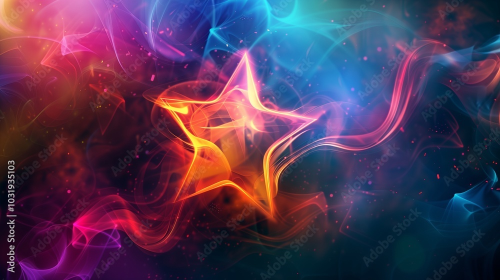 Fototapeta premium An isolated glowing star against a dark background with colorful, abstract swirls.