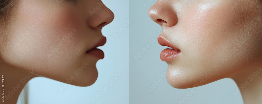 Obraz premium Result of procedure in the clinic of aesthetic medicine. Female double chin before and after correction, cropped shot, panorama, Generative AI