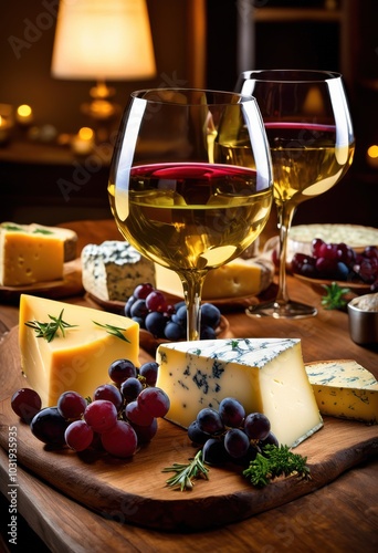 vibrant wine glasses accompanied assorted delectable cheeses beautifully set table rich colors textures, appetizer, arrangement, artisanal, buffet