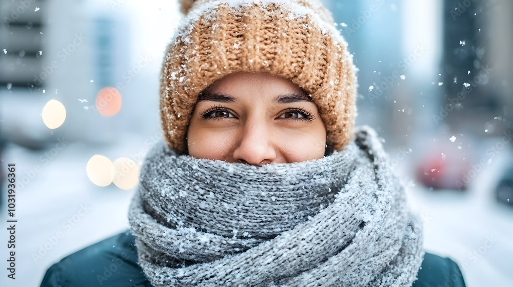 Person bundled up in a thick scarf and coat walking through a snow covered city street on a cold wintry day The urban landscape is blanketed in a layer of crisp white snow Person bundled up in a thick scarf and coat walking through a snow covered city street on a cold wintry day The urban landscape is blanketed in a layer of crisp white snow